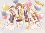  akita_toushirou bad_id bad_pixiv_id balloon blue_eyes brown_eyes brown_hair gloves gokotai hat hirano_toushirou hiruri instrument maeda_toushirou male_focus marching_band multiple_boys one_eye_closed open_mouth pink_hair shorts smile touken_ranbu trumpet uniform white_gloves white_hair yellow_eyes 