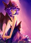  alternate_costume arms_behind_back back backless_dress backless_outfit bad_id bad_pixiv_id bat_wings dress eredhen frills from_behind hat hat_ribbon interlocked_fingers light_smile looking_back mob_cap purple_hair red_eyes remilia_scarlet ribbon sash short_hair slit_pupils solo touhou wings 