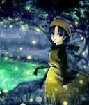  black_hair braid dress eyelashes fireflies forest grey_eyes headdress highres ling_shen_hua long_dress looking_at_viewer nashiko_(tinyrelation) nature shenmue shenmue_ii smile solo twin_braids 