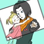  android_17 black_hair blonde_hair dragon_ball dragonball_z eyes_closed family marron pointing simple_background smile twintails uncle_and_niece 