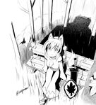  animal_ears detached_sleeves forest greyscale hat inubashiri_momiji leaf looking_at_viewer looking_up monochrome nature pom_pom_(clothes) shield short_hair signature sitting solo sword tail taurine_8000mg tokin_hat touhou weapon weapon_bag wolf_ears wolf_tail 