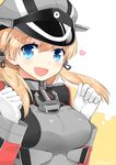  :d blonde_hair blue_eyes breasts gloves hat heart kamoto_tatsuya kantai_collection large_breasts looking_at_viewer open_mouth peaked_cap prinz_eugen_(kantai_collection) smile solo twintails twitter_username white_gloves 