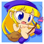  1girl artist_request blonde_hair blue_eyes blush boots breasts broom chibi female hat long_hair lowres madou_monogatari navel nipples nude pussy puyopuyo sggg solo uncensored witch witch_(puyopuyo) witch_hat 