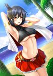  bad_id bad_nicoseiga_id beach bikini_top black_hair blush breasts day hair_ornament highres kantai_collection large_breasts open_mouth red_eyes shibata_rai short_hair skirt solo underboob yamashiro_(kantai_collection) 