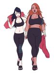  2girls akimichi_chouchou black_hair breasts brown_hair cleavage dark_skin earrings highres jacket jewelry large_breasts leggings long_hair midriff multiple_girls naruto naruto_shippuuden navel older orange_eyes plump shivi_martin simple_background sports_bra ssilcatt sweat tank_top towel uchiha_sarada yellow_eyes 