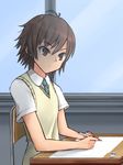  amagami brown_hair commentary_request desk eraser expressionless itou_kanae_(amagami) justice/ryo mechanical_pencil necktie pencil school_desk school_uniform short_hair sitting solo sweater_vest writing 