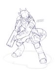  2014 ambiguous_gender anthro armor bag clothed clothing digitigrade gun horn ranged_weapon simple_background sketch snowskau solo standing weapon white_background 