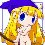  1girl artist_request blonde_hair blue_eyes blush breasts broom chibi female hat long_hair lowres madou_monogatari navel nipples nude pussy puyopuyo sggg solo uncensored witch witch_(puyopuyo) witch_hat 