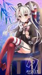  amatsukaze_(kantai_collection) bankoku_ayuya blush brown_eyes crossed_legs dress garter_straps gloves hair_tubes kantai_collection long_hair looking_at_viewer pen rensouhou-kun sailor_dress short_dress silver_hair single_glove sitting solo striped striped_legwear tanabata tanzaku thighhighs two_side_up 