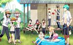  ^_^ akita_toushirou aqua_hair armor atsushi_toushirou barefoot black_hair blonde_hair blue_eyes blue_sky brown_eyes brown_hair butterfly_net cape closed_eyes clothes_writing cloud day eating food fox fox_shadow_puppet fruit glasses gokotai gokotai's_tigers grass grey_eyes hakata_toushirou hand_net hat highres hirano_toushirou honebami_toushirou hose ichigo_hitofuri japanese_armor maeda_toushirou male_focus menpoo midare_toushirou multiple_boys nakigitsune nakigitsune's_fox namazuo_toushirou open_clothes open_mouth open_shirt outdoors pink_hair purple_eyes red-framed_eyewear sandals sandals_removed shirt shorts sky smile straw_hat swimsuit tiger touken_ranbu translated wading_pool watermelon white_hair white_tiger yagen_toushirou yellow_eyes yuu-414 