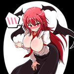  armband between_breasts blush breast_hold breasts breasts_outside demon_wings embarrassed fang head_wings koakuma large_breasts long_hair looking_at_viewer low_wings midori_niku necktie necktie_between_breasts nipples nose_blush open_clothes open_shirt pointy_ears red_eyes red_hair shirt skirt solo spoken_blush touhou very_long_hair wings 