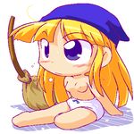  1girl artist_request blonde_hair blue_eyes blush breasts broom chibi female hat long_hair lowres madou_monogatari navel nipples panties puyopuyo sggg solo topless underwear witch witch_(puyopuyo) witch_hat 