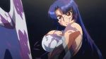  1girl animated animated_gif ass axe blue_hair blush bouncing_breasts breasts cleavage cleavage_cutout defeated erect_nipples female huge_breasts large_breasts long_hair makai_kishi_ingrid nipples pussy_juice screencap sweat weapon yatsu_murasaki 