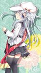  2015 bankoku_ayuya black_legwear blue_eyes blush flower from_behind hair_flower hair_ornament hammer_and_sickle hat hibiki_(kantai_collection) kantai_collection long_hair looking_at_viewer looking_back russian sash school_uniform serafuku silver_hair skirt solo star thighhighs verniy_(kantai_collection) 