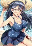  :o ahoge beach black_hair blush breasts brown_eyes cleavage covered_nipples hand_on_headwear hat ichikawa_feesu kantai_collection large_breasts long_hair looking_at_viewer open_mouth polka_dot polka_dot_swimsuit scrunchie skirt solo sun_hat swimsuit ushio_(kantai_collection) wrist_scrunchie 