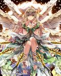  angel_wings beads copyright_name dress flower green_dress green_eyes hands_clasped head_wreath ice_(ice_aptx) knife light_brown_hair long_hair looking_at_viewer own_hands_together solo tenkuu_no_crystalia throwing_knife weapon wings 