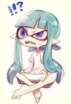  1girl absurdres blue_hair fangs game_console highres inkling long_hair puchiman purple_eyes shirt sitting solo splatoon_(series) splatoon_1 sweat symbol-shaped_pupils tentacle_hair white_shirt wii_u 