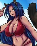  animal_humanoid big_breasts bikini blue_eyes blue_hair breasts cat cat_humanoid cat_tail clothing cloud feline female hair huge_breasts human humanoid long_hair mammal outside sageofotherworlds sky swimsuit toyoko yosh!_comics 