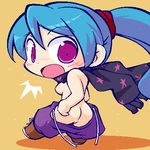  1girl 7th_dragon 7th_dragon_(series) artist_request ass blue_hair blush breasts chibi female long_hair looking_back lowres nipples open_mouth ponytail purple_eyes rogue_(7th_dragon) scarf sggg simple_background solo surprised 