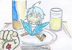  ahoge anger_vein blank_eyes blue_hair blue_wings chopsticks dress feathered_wings feathers harpy minigirl monster_girl monster_musume_no_iru_nichijou papi_(monster_musume) plate sakamoto_fez sitting sitting_on_object sketch solo_focus sweatdrop talons traditional_media trembling white_dress wings 