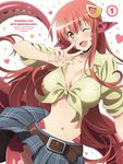  absurdres belt blush breasts cover cowboy_shot dvd_cover fang hair_ornament highres huge_breasts lamia long_hair looking_at_viewer miia_(monster_musume) monster_girl monster_musume_no_iru_nichijou navel official_art one_eye_closed pointy_ears red_hair shirt simple_background skirt sleeves_rolled_up slit_pupils smile solo tail tied_shirt v very_long_hair white_background yellow_eyes 