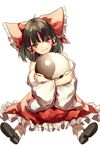  ball black_hair bobby_socks bow brown_eyes detached_sleeves eredhen frills hair_bow hair_tubes hakurei_reimu highres object_hug short_hair simple_background sitting smile socks solo touhou white_background yin_yang younger 