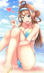  ahoge beach bikini breasts brown_hair cleavage cloud cloudy_sky day double_bun hairband heart kantai_collection kongou_(kantai_collection) large_breasts long_hair looking_at_viewer ocean outdoors purple_eyes sandals shigure_ryuunosuke sitting sky solo sparkle swimsuit v 