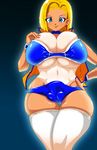  android_18 basara bikini blonde_hair blue_eyes blush breasts bulge bursting_breasts cape choker cleavage curvy dragon_ball dragonball_z earrings eyeshadow futanari gradient gradient_background hand_on_hip hand_on_own_chest highres hoop_earrings huge_breasts jewelry lips lipstick looking_at_viewer makeup navel one-piece_tan panties shiny_skin short_hair skindentation smile solo standing swimsuit tan tanline thick_thighs thighhighs thighs underboob white_legwear white_thighhighs wide_hips wristband 