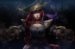  alternate_costume alternate_hairstyle braid captain_fortune corset dual_wielding gradient gradient_background gun hat league_of_legends long_hair no_crowns_for_kings pirate pirate_hat ponytail red_hair sarah_fortune single_braid solo weapon 