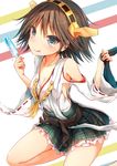  bare_shoulders brown_hair detached_sleeves flipped_hair food hairband hiei_(kantai_collection) japanese_clothes kantai_collection legwear_removed nontraditional_miko pantyhose pantyhose_removed plaid popsicle short_hair skirt solo sune_(mugendai) 
