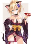  1girl alcohol animal_ears ass_visible_through_thighs bare_shoulders black_hair blonde_hair blue_eyes breasts cat_ears cat_tail cleavage collar collarbone cup hair_ornament hand_on_hip highres japanese_clothes kimono looking_at_viewer medium_breasts off_shoulder oota_yuuichi original ponytail sakazuki sake sash solo standing tail thigh_strap 