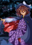  brown_hair cape city d@i_(d@i-hard) english glasses hat hat_ribbon highres outstretched_arm pleated_skirt red_eyes ribbon shirt short_hair shrine skirt smile solo touhou usami_sumireko vest 