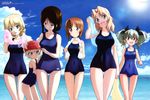  :d absurdres anchovy blonde_hair blue_eyes blue_towel braid breasts brown_eyes brown_hair cloud covered_navel cowboy_shot darjeeling day drill_hair fang_out furrowed_eyebrows girls_und_panzer hat head_tilt highres katyusha kay_(girls_und_panzer) legs lineup medium_breasts megami multiple_girls name_tag nishizumi_miho non-web_source nonna nose_shade ocean odd_one_out official_art old_school_swimsuit one-piece_swimsuit open_mouth outdoors pink_towel print_towel scan school_swimsuit silver_hair sky smile standing sugimoto_isao swim_cap swimsuit thigh_gap thighs towel towel_around_neck trait_connection twin_drills twintails water white_towel wide_hips yellow_towel 
