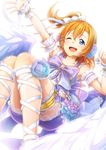  ;d ankle_lace-up blue_eyes bow brown_hair cross-laced_footwear dararito headset kousaka_honoka love_live! love_live!_school_idol_festival love_live!_school_idol_project one_eye_closed one_side_up open_mouth short_hair smile solo striped striped_bow 