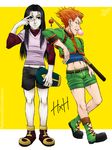  2boys alternate_costume bubblegum cosplay fishing_rod hisoka hunter_x_hunter illumi_zoldyck multiple_boys red_hair shorts simple_background skateboard 