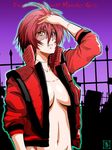  ahoge breasts graveyard green_eyes hand_on_own_head heterochromia highres jacket large_breasts monster_musume_no_iru_nichijou naked_coat navel open_clothes open_jacket out-of-frame_censoring red_hair red_jacket s-now signature silhouette solo stitches thriller upper_body yellow_eyes zombie zombina 