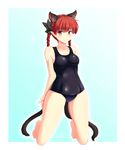  alternate_costume animal_ears barefoot blush braid breasts cat_ears cat_tail extra_ears full_body isaki_(gomi) kaenbyou_rin looking_at_viewer medium_breasts multiple_tails nekomata one-piece_swimsuit pointy_ears red_eyes red_hair school_swimsuit simple_background smile solo swimsuit tail touhou twin_braids two_tails 