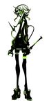  abstract black_legwear commentary_request dark_persona dress_shirt frown full_body goggles goggles_on_head green green_eyes green_hair gumi highres holding holding_weapon kiku_(kicdoc) monochrome shirt short_hair short_hair_with_long_locks sidelocks simple_background solo squinting vocaloid weapon white_background 
