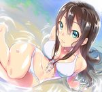  arm_support bikini breasts brown_hair cleavage from_above front-tie_top green_eyes haruichi idolmaster idolmaster_cinderella_girls long_hair looking_at_viewer looking_up medium_breasts navel shibuya_rin sitting smile solo swimsuit water wet white_bikini 