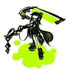  alternate_costume commentary_request dark_persona domino_mask frown full_body green green_eyes hair_ribbon highres holding holding_weapon inkling kiku_(kicdoc) long_hair looking_at_viewer mask monochrome over_shoulder paint_roller paint_splatter ribbon shoes simple_background sneakers solo splatoon_(series) splatoon_1 squid tentacle_hair weapon weapon_over_shoulder white_background 