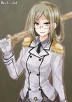  anti_(untea9) breasts epaulettes folded_ponytail glasses gloves green_eyes highres jpeg_artifacts kantai_collection katori_(kantai_collection) large_breasts looking_at_viewer military military_uniform shinai smile solo sword uniform weapon white_gloves wooden_sword 