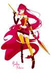  boots breasts cleavage elbow_gloves gloves high_heel_boots high_heels kuma_(bloodycolor) long_hair pyrrha_nikos red_hair rwby simple_background solo weapon 