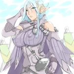  1girl artist_request blue_eyes blue_hair breasts cape elf erect_nipples female large_breasts long_hair pointy_ears simple_background solo sword thiro 