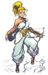  armlet baggy_pants belt between_breasts blonde_hair blue_eyes bow_(weapon) bracer breasts choker chrono_trigger crossbow full_body gem high_ponytail jewelry marle medium_breasts necklace pants ponytail quiver robert_porter sandals solo standing strap_cleavage strapless toes weapon 
