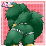  anthro avian beak bird blush bulge claws clothed clothing feathers fur green_fur half-dressed hawk japanese_text jockstrap looking_at_viewer male muscles presenting simple_background solo text underwear underwear_festival 