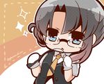  asymmetrical_hair bangs bespectacled bloom2425 check_commentary chibi commentary commentary_request flipped_hair glasses gloves kantai_collection looking_at_viewer necktie nowaki_(kantai_collection) pointer riding_crop rimless_eyewear school_uniform short_hair short_sleeves silver_eyes silver_hair solo sparkle swept_bangs twitter_username vest white_gloves yellow_neckwear 