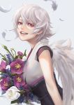  feathers flower genderswap genderswap_(mtf) gintama hangleing japanese_clothes red_eyes sakata_ginko sakata_gintoki short_hair silver_hair smile solo wings 