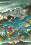  artist_name battle gm_cold_districts_type gradient gradient_background gundam gundam_0080 highres hygogg kazuhisa_kondo mecha official_art shield smoke z&#039;gok z&#039;gok-e z'gok z'gok-e 