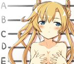  :&lt; abukuma_(kantai_collection) bangs blonde_hair blue_eyes blush breast_squeeze breasts collarbone covering covering_breasts double_bun engiyoshi hair_between_eyes hair_rings kantai_collection long_hair looking_away looking_to_the_side medium_breasts nude simple_background solo upper_body white_background 