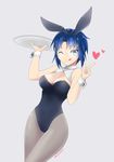  2015 ;p animal_ears axia-chan blue_eyes blue_hair breasts bunny_ears bunnysuit choker ciel cleavage dated detached_collar glasses grey_background heart highres index_finger_raised large_breasts one_eye_closed pantyhose short_hair simple_background solo tongue tongue_out tray tsukihime wrist_cuffs 